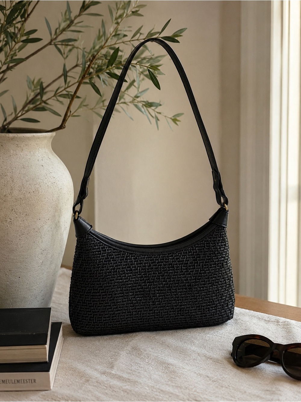 Fossil Black Woven Shoulder Bag Quiet Luxury Y2K Minimalist Purse